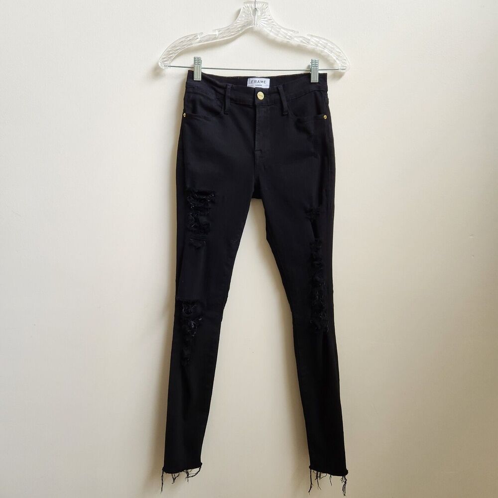 Frame Jeans Womens 25 Le High Skinny Black Skinny Frayed Raw Hem Stretch